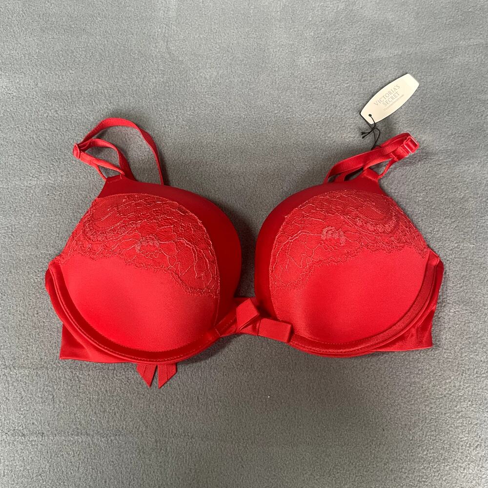 Victoria's Secret Bra 32C Red Miraculous Plunge Padded 2 Cup Push Up Bombshell